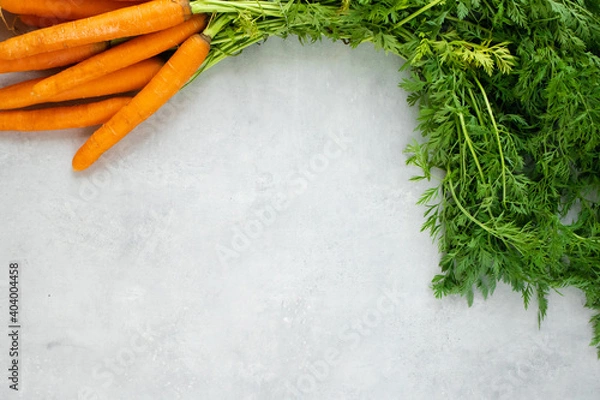Fototapeta Carrots with tops on a grey concrete background