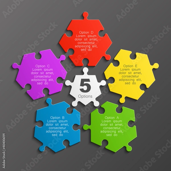 Obraz Five piece puzzle business presentation. Circle infograph. 5 step puzzle process diagram. Five section compare service banner. 5 section shape, info graphic banner background