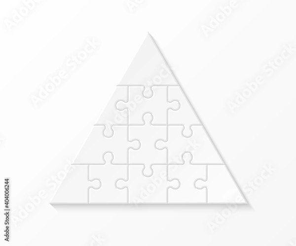 Obraz Four levels pyramid puzzle presentation infographic template with explanatory text field for business statistics illustration. Four stages triangle puzzle piece shape