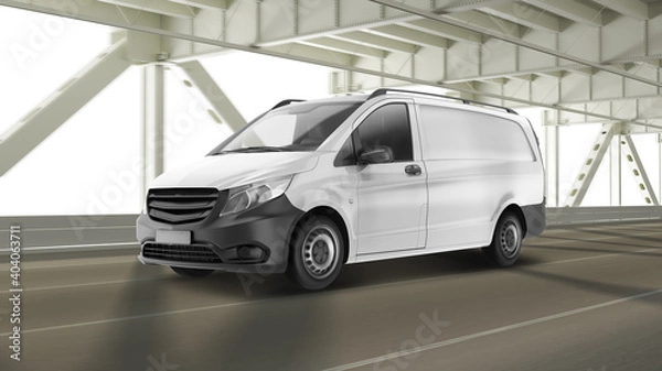 Obraz Realistic Panel Van Mockup Driving On The Bridge Perspective View
