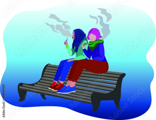 Obraz Vector illustration of young girls smoking (vaping) an electronic cigarette in a public place on a bench