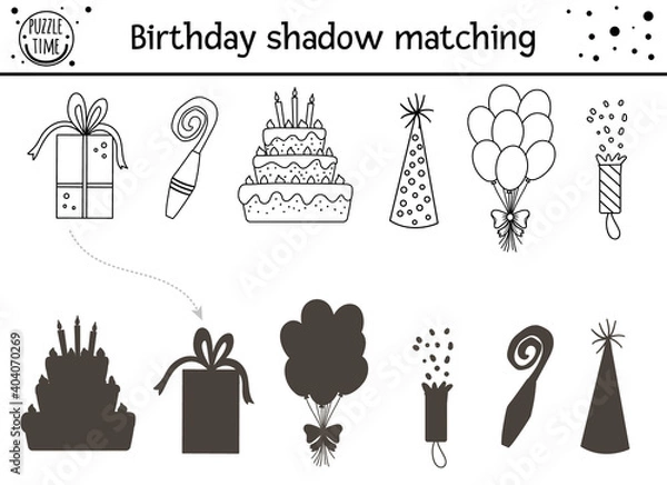 Fototapeta Birthday black and white shadow matching activity for children. Fun outline puzzle with party objects. Celebration educational line game for kids with holiday symbols. Find the correct silhouette.