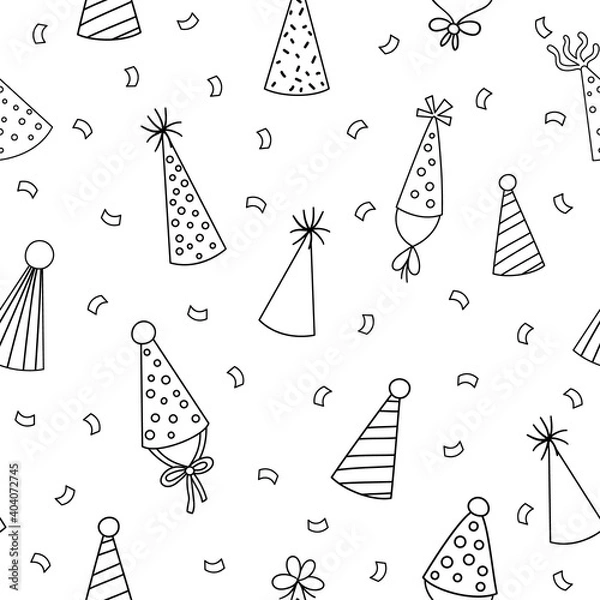 Fototapeta Vector cute black and white seamless pattern with birthday party hats. Funny repeating background with b-day accessory. Line holiday digital paper for kids. .