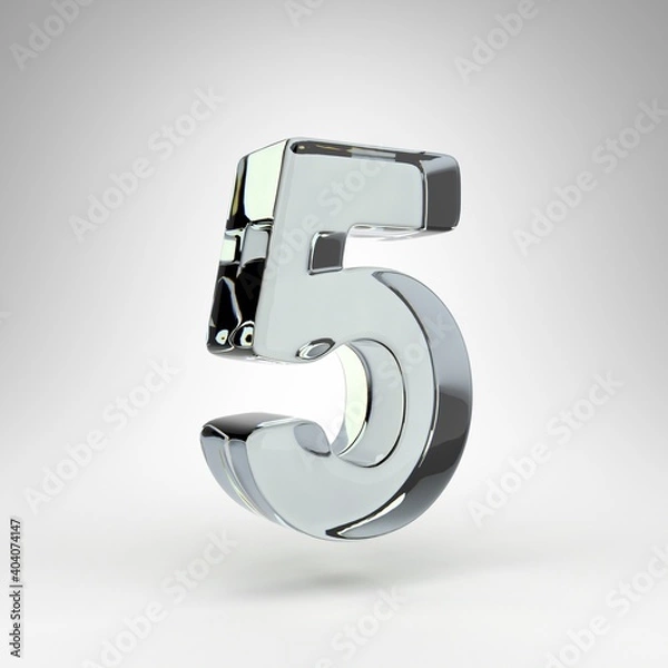 Fototapeta Number 5 on white background. Camera lens transparent glass 3D rendered number with dispersion.