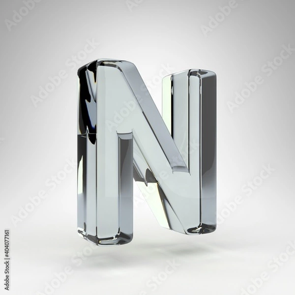 Fototapeta Letter N uppercase on white background. Camera lens transparent glass 3D rendered font with dispersion.