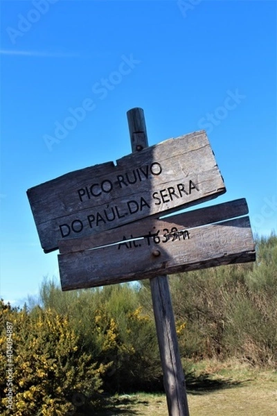 Obraz Wooden sign Pico Ruivo do Paul da Serra. Alt. 1639m Hiking at Madeira in Portugal