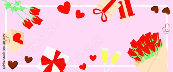 Fototapeta Long pink Valentine's day banner. Flat lay, place for text, copy space. Vector illustration. Eps 10