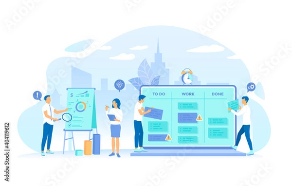 Fototapeta Business team working on projects. Project Management, Application Service for corporate managing, Team control, Manager work. Vector illustration flat style.