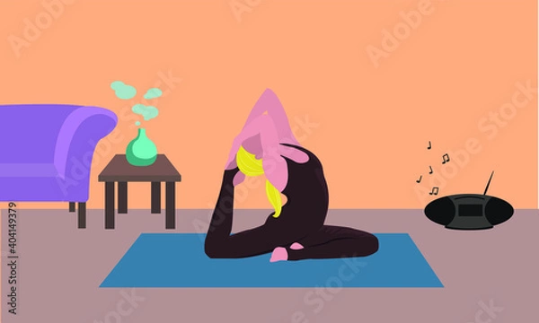 Obraz Young woman doing yoga exercises, practicing meditation and stretching on the mat. Female character practicing yoga at home. Trendy flat vector illustration.