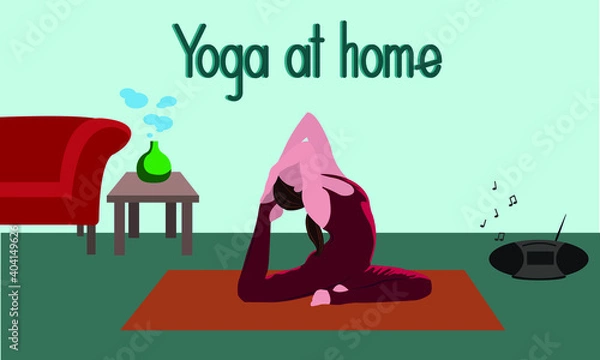 Obraz Young woman doing yoga exercises, practicing meditation and stretching on the mat. Female character practicing yoga at home. Yoga time lettering. Trendy flat vector illustration.