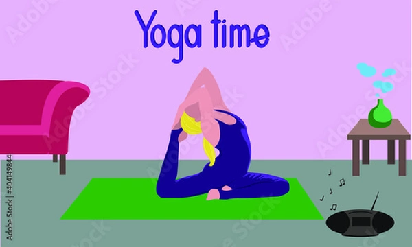 Obraz Young woman doing yoga exercises, practicing meditation and stretching on the mat. Female character practicing yoga at home. Yoga time lettering. Trendy flat vector illustration.