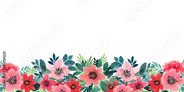 Fototapeta Cute watercolor flower banner. Horizontally arranged blooming pattern