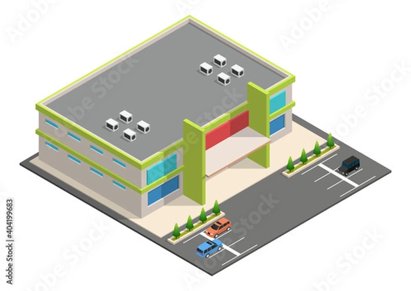Obraz Isometric Supermarket Building with Car Parking.
