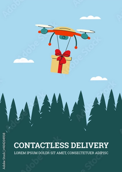 Obraz Contactless delivery of gifts by air using drones. Flight over the forest. Concept for design and advertising. Vector.