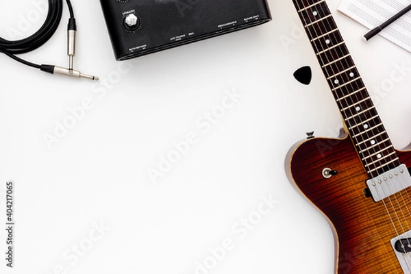 Obraz Musician work set with guitar, note and headphones