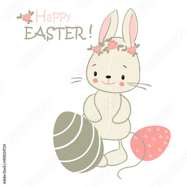 Fototapeta Cute easter bunny with colored eggs