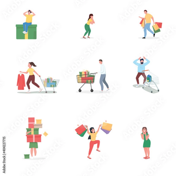 Fototapeta Black friday shopping flat color vector faceless characters set. Crazy shoppers with present boxes, bags. Seasonal sale isolated cartoon illustration for web graphic design and animation collection
