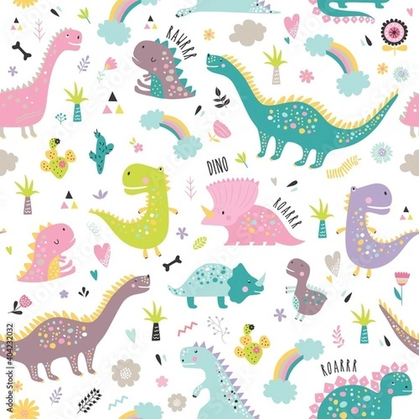 Fototapeta Cute funny kids dinosaurs pattern. Colorful dinosaurs vector background. Creative kids texture for fabric, wrapping, textile, wallpaper, apparel. Vector illustration