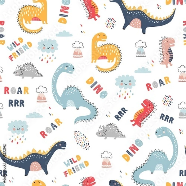 Fototapeta Cute funny kids dinosaurs pattern. Colorful dinosaurs vector background. Creative kids texture for fabric, wrapping, textile, wallpaper, apparel. Vector illustration