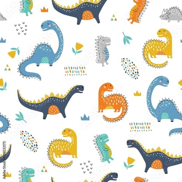 Fototapeta Cute funny kids dinosaurs pattern. Colorful dinosaurs vector background. Creative kids texture for fabric, wrapping, textile, wallpaper, apparel. Vector illustration