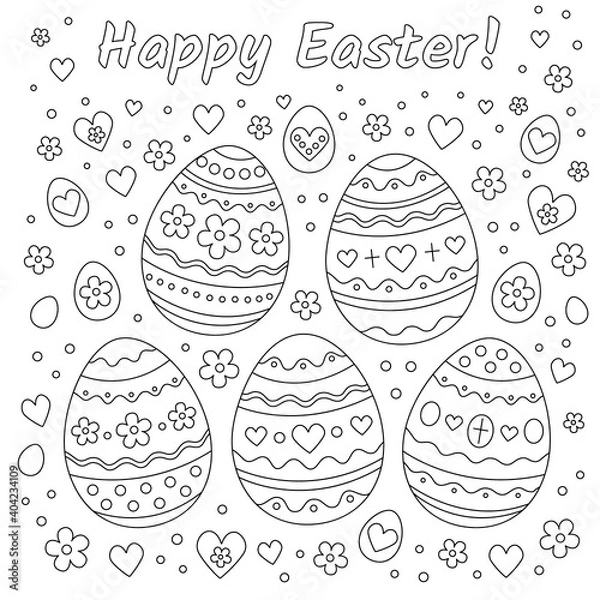 Fototapeta Happy Easter background with patterned eggs, flowers and hearts for coloring book page, antistress book. Easter eggs with ornament. Coloring page. Black and white Happy Easter vector illustration. 