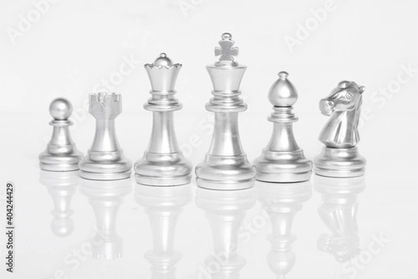 Obraz Set of chess pieces, chessboard game isolated on white background.