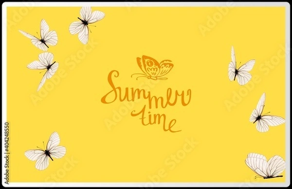 Obraz The inscription summer time. Butterflies on a yellow background in a frame