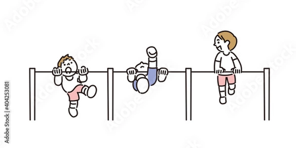 Obraz 友達と一緒に逆上がりの練習をする子どもたち