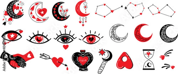 Fototapeta Witchcraft love symbols.Vector illustration on love theme with Creepy Valentine's day attributes, heart, evil eye, magic hands, potion,stars and moon. Mystical Celestial Witchy illustrations