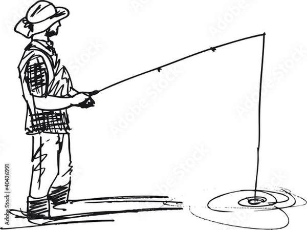Fototapeta Sketch of fisherman with rod. Vector illustration