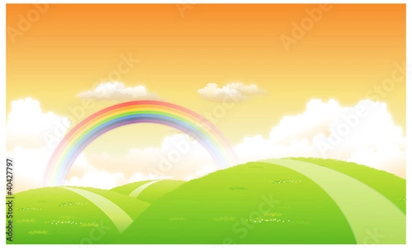 Fototapeta Green landscape with a rainbow in the background