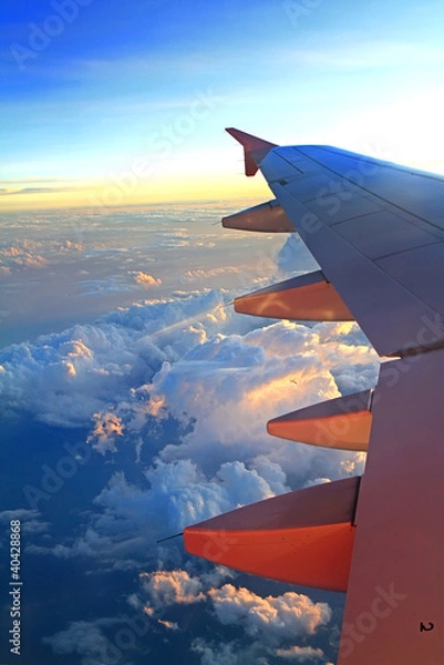 Fototapeta View of jet plane wing with cloud patterns