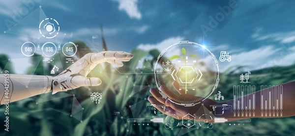 Fototapeta smart agriculture futuristic industry 4.0 technology concept, cyborg hand put to touch hand with green leaves with hud technology including artificial intelligence, 5g to analysis data of smart farm