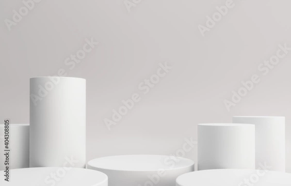 Obraz Podium, exhibition round pedestal - 3d render illustration. Stand for cosmetic products. Geometric  - architectural composition. Gray white base podium.