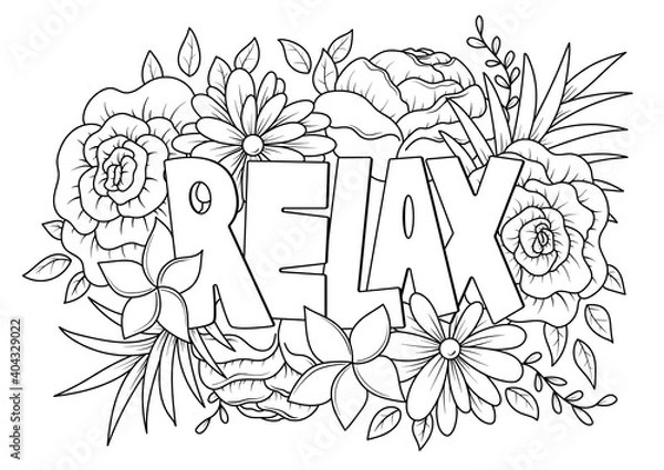 Fototapeta Relax word with floral pattern antistress coloring page for adult in doodle sketch style, vector illustration