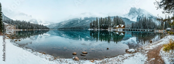 Obraz Crystal clear blue lake and snowy mountains