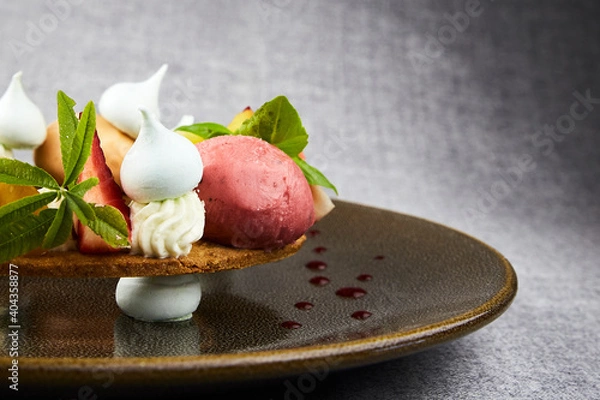 Obraz Dessert with strawberry ice cream meringue and whipped cream