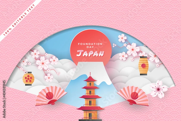 Fototapeta Happy national foundation day japan in paper cut art style with editable text effect Premium Vector