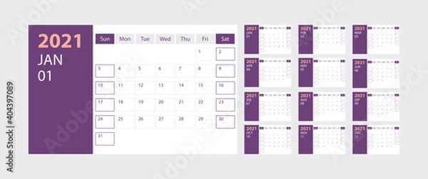 Fototapeta Calendar 2021 week start Sunday corporate design planner template with purple theme