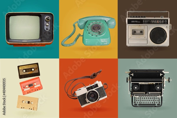 Fototapeta Zestaw elektroniki retro. Nostalgiczne kolekcje z ostatnich lat osiemdziesiątych - 90. XX wieku. Obiekty izolowane na palecie kolorów retro z ścieżką przycinania.