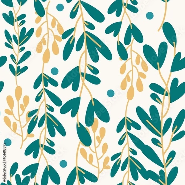 Fototapeta Vegetable seamless vector pattern of colorful branches and leaves on a beige background