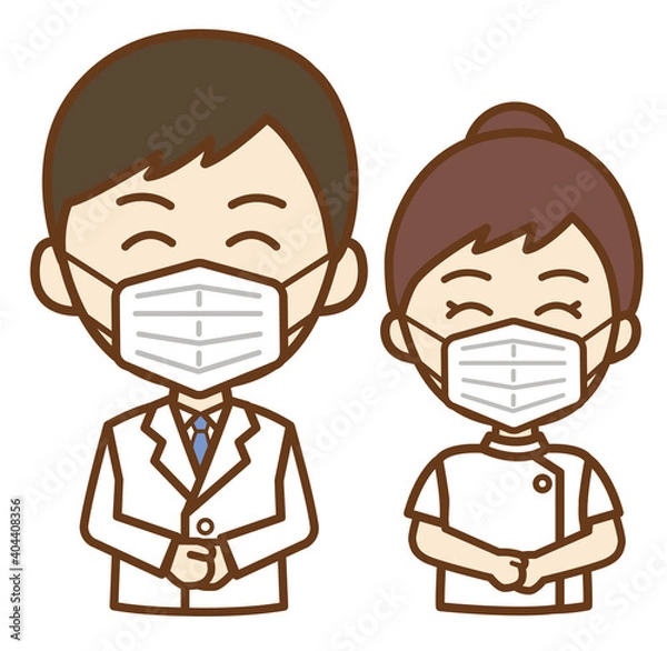 Obraz 微笑む医者の男性と看護師の女性の正面向き上半身イラスト マスクあり