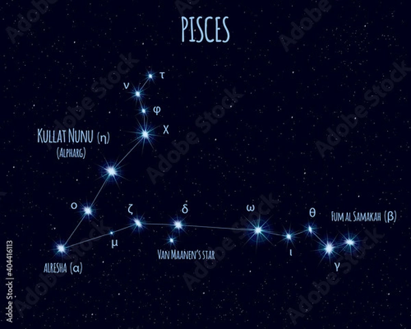 Obraz Pisces (The Fishes) constellation, vector illustration with the names of basic stars against the starry sky