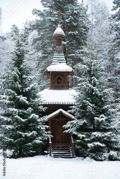 Obraz The temple in the winter forest. Christmas. Winter, forest, nature, tourism, snow, fir trees.