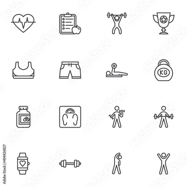 Fototapeta Sport and fitness line icons set, outline vector symbol collection, linear style pictogram pack. Signs, logo illustration. Set includes icons as champion cup, gym exercise, sport clothes, scale, heart