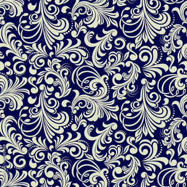 Fototapeta Seamless blue background with beige pattern in baroque style. Vector retro illustration. Ideal for printing on fabric or paper for wallpapers, textile, wrapping.