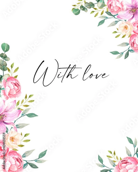 Fototapeta Watercolor illustration. Floral style greeting card template. Delicate design with pink peonies, lilies and greenery. The postcard is suitable for congratulations on a wedding, Valentine's day, etc.