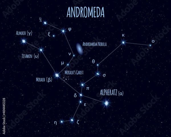 Obraz Andromeda constellation, vector illustration with the names of basic stars against the starry sky