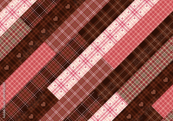 Obraz バレンタイン色のタータンチェックのパッチワーク背景　斜めストライプ