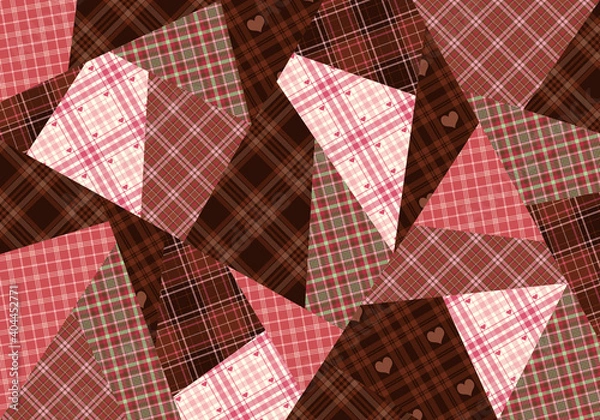 Obraz バレンタイン色のタータンチェックのパッチワーク背景　クレイジーキルト